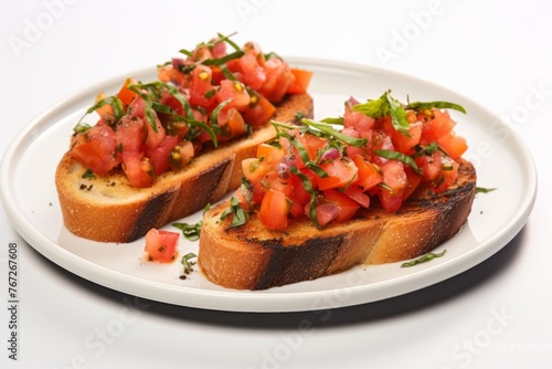 Delicious bruschetta on a rustic plate against a white background