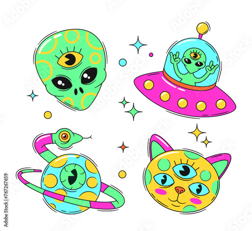 Psychedelic Stickers Feature Vibrant Colored Alien Head, Cat with Three Eyes, Planet with Snake ring and Ufo Saucer