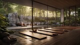 Private courtyard yoga studio with glass walls indoor/outdoor garden spaces stone pathways water feature and meditation areas.
