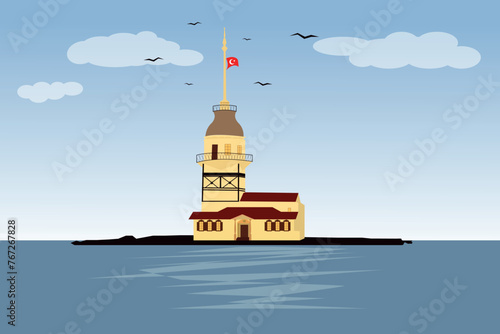 The Maiden's Tower (Turkish: Kız Kulesi). Turkey landmark Maiden tower of Istanbul city vector illustration