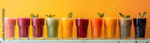 Assorted fresh fruit juices in a row on a light background. Healthy beverages concept for restaurant menus and nutrition guides