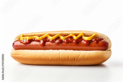 Hearty hot dog on a metal tray against a white background