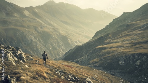 Solitary hiker embarking on a journey across the vastness of a mountain range, capturing the spirit of adventure photo