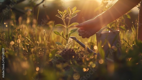 Sun-kissed hands nurturing a young sapling in a meadow, epitomizing the gentle touch of human care in nature's embrace