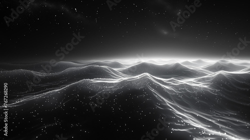A black and white image of a vast ocean with a few stars in the background. AI. photo
