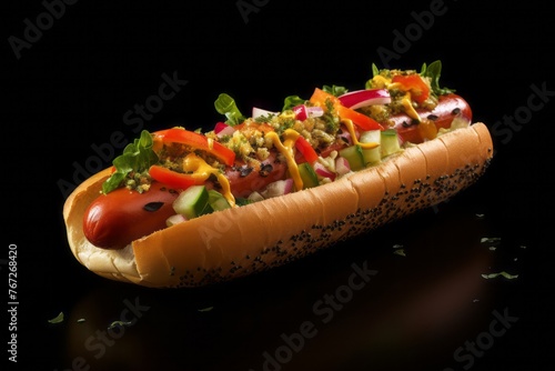 Delicious hot dog on a slate plate against a white background