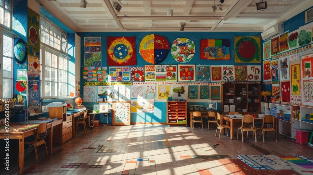 A mosaic of colorful educational posters adorning the walls of a bustling classroom, sparking inspiration in every glance.
