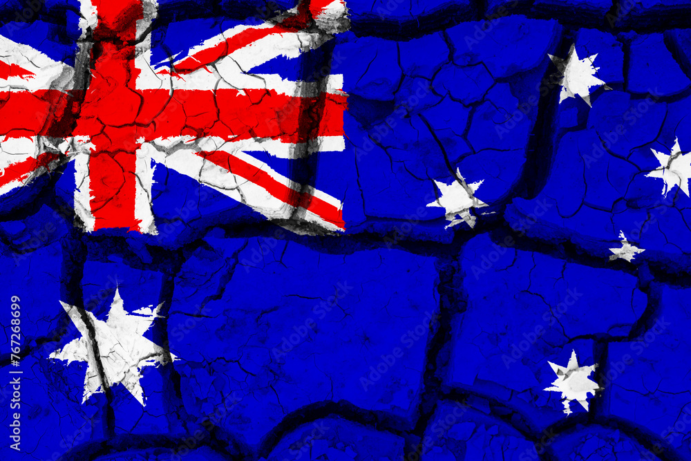 Dry soil pattern on the flag of Australia. Country with drought concept due to climate change. Water problem. Dry cracked earth country.