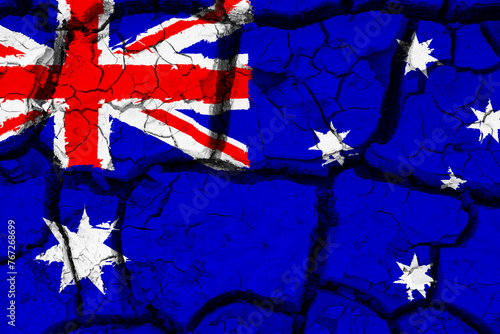 Obraz na płótnie Dry soil pattern on the flag of Australia. Country with drought concept due to climate change. Water problem. Dry cracked earth country. w salonie