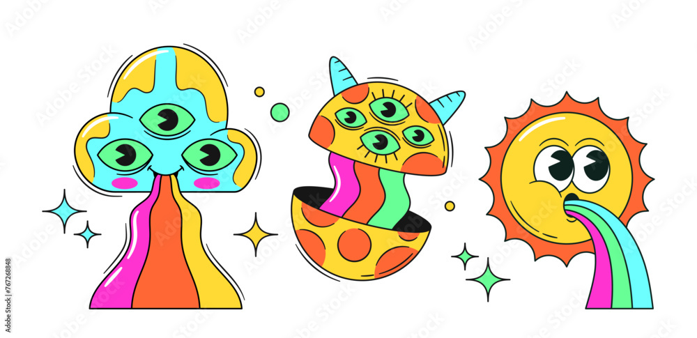 Obraz premium Psychedelic Stickers Sun And Cloud Vomiting With Rainbow. Vibrant, Colorful Adhesive Decals, Acid Colored Patches