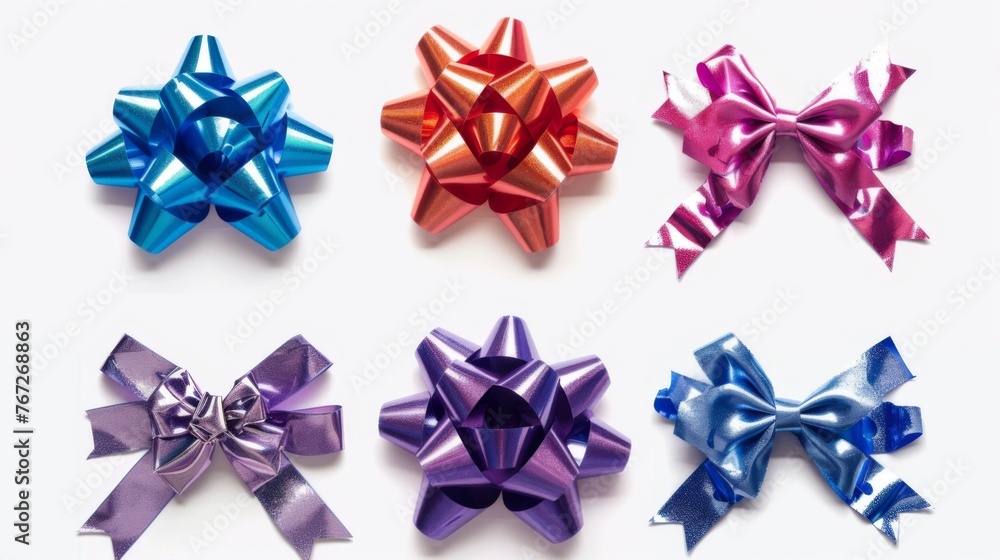 Colorful gift bows on white background. Gift wrapping ribbon