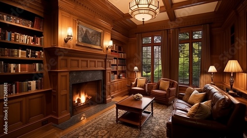 Refined Arts & Crafts inspired study with oak wainscoting built-in leaded glass bookcases window seat warm wood finishes and fireplace inglenook.