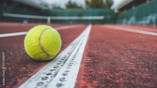 Craft a minimalist composition highlighting a tennis ball resting on the clay court surface, with subtle shadows and © jovannig