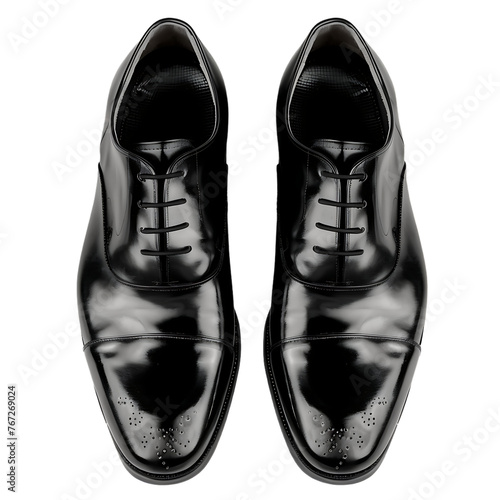 pair of black leather dress shoes on transparent background 