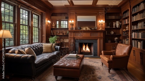 Refined Arts & Crafts inspired study with oak wainscoting built-in leaded glass bookcases window seat warm wood finishes and fireplace inglenook. © Aeman