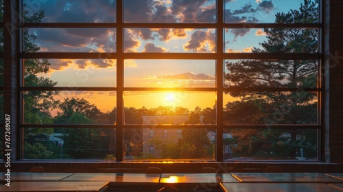 A classroom window framing a picturesque sunset, a reminder that each day brings new opportunities for growth and discovery.