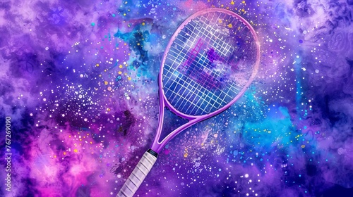 Create a futuristic digital illustration showcasing a high-tech tennis racket and ball equipped with advanced sensors and augmented © jovannig