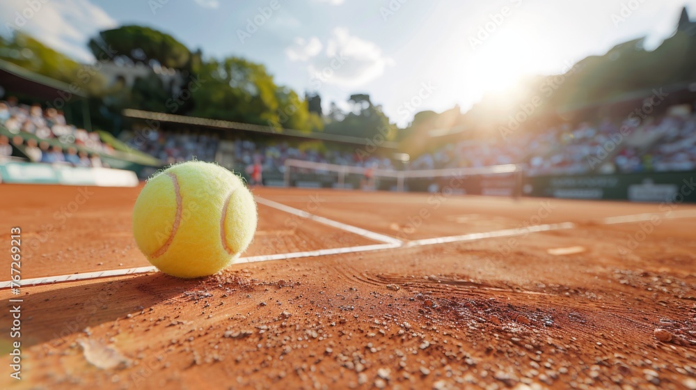 Illustrate a dynamic composition depicting a tennis ball bouncing on the clay court mid-point, with blurred background suggesting