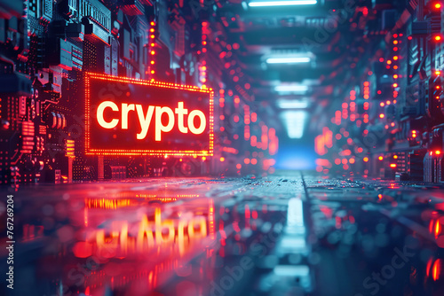 Crypto Sign Glowing Amidst High-Tech Server Racks in Data Center