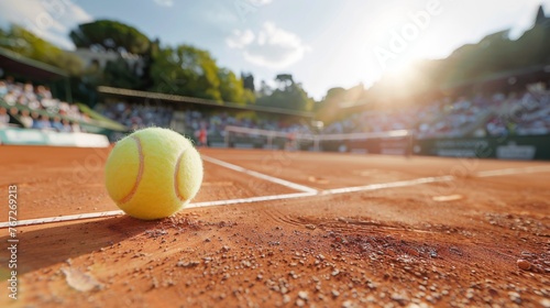 Illustrate a dynamic composition depicting a tennis ball bouncing on the clay court mid-point, with blurred background suggesting © jovannig