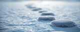 A series of small, ice-covered rocks leading through a snowy landscape, each rock detailed and distinct against the blurred, soft expanse of white. The path \