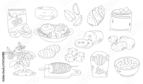 Potato Meals And Snacks Outline Monochrome Vector Icons Set. Raw Vegetable, Mashed Potatoes And Crispy Fries