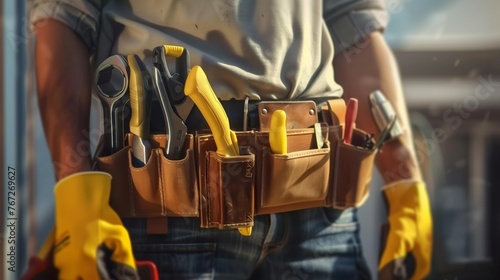 maintenance worker close-up with bag and tools kit wearing on waist