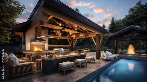 Resort-style outdoor living pavilion with kitchenette soaring wood ceilings and integrated fire pit lounge.