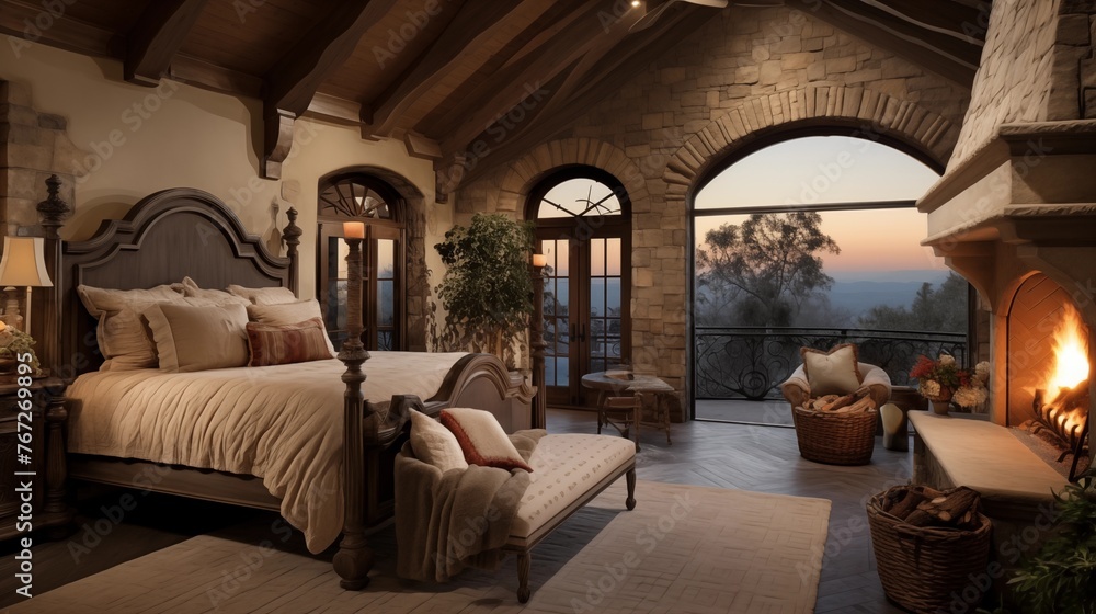 Romantic Tuscan-inspired bedroom retreat with beamed ceilings stone fireplace antique carved wood canopy bed and arched French door to terrace. Romantic Tuscan-inspired bedroom retreat with beamed ceilings stone fireplace antique carved wood canopy bed and arched French door to terrace.