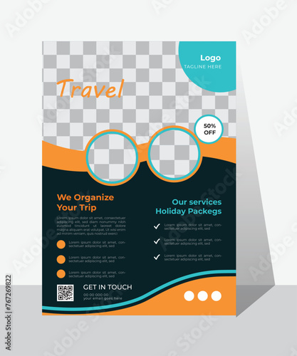 Travel flyer template design with blue & yellow, marketing, business proposal, promotion, advertise, publication, cover page. new digital marketing flyer