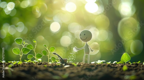 Unic Stick Figure Watering Young Plants © Аrtranq