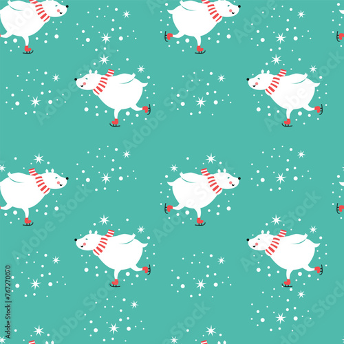 Seamless Christmas pattern with polar bears on blue background. 