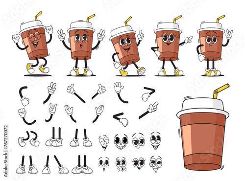 Cartoon Groovy Cup Of Hot Coffee or Tea Drink Character Creation Kit. Vector Collection Of Disposable Mugs Animation