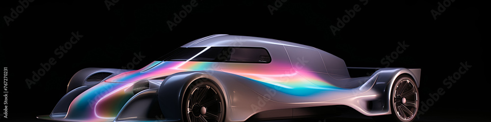 A futuristic car with a rainbow design on it. The car is parked in a dark room