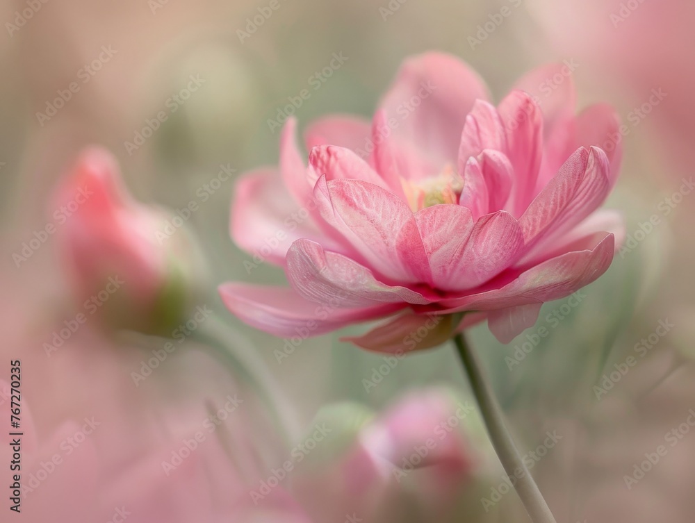 Delicate pink bloom in focus, its soft petals contrasting with the dreamy blur of its green surroundings