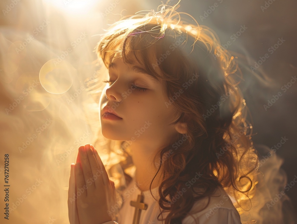 Divine moment, young girl in prayer, cross clasped tightly, a peaceful aura in a soft light setting