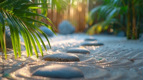 Beach sand forms a serene Zen garden, with palm leaves swaying gently, a tranquil escape to nature's simplicity © Steveandfriend
