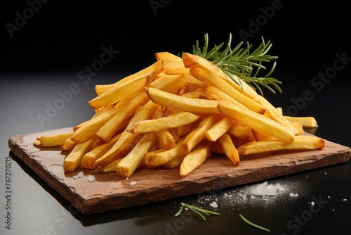 Exquisite french fries on a slate plate against a white background