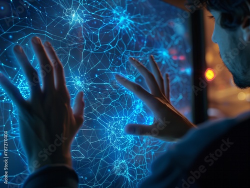 A man is looking at a computer screen with his hands on it. The screen is filled with blue lines and dots, and the man's hands are reaching out to touch the screen. Concept of curiosity and wonder