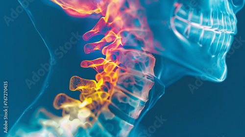 X ray of the human spine on a blue backdrop with the neck vertebrae accentuated in yellow and red for medical analysis
