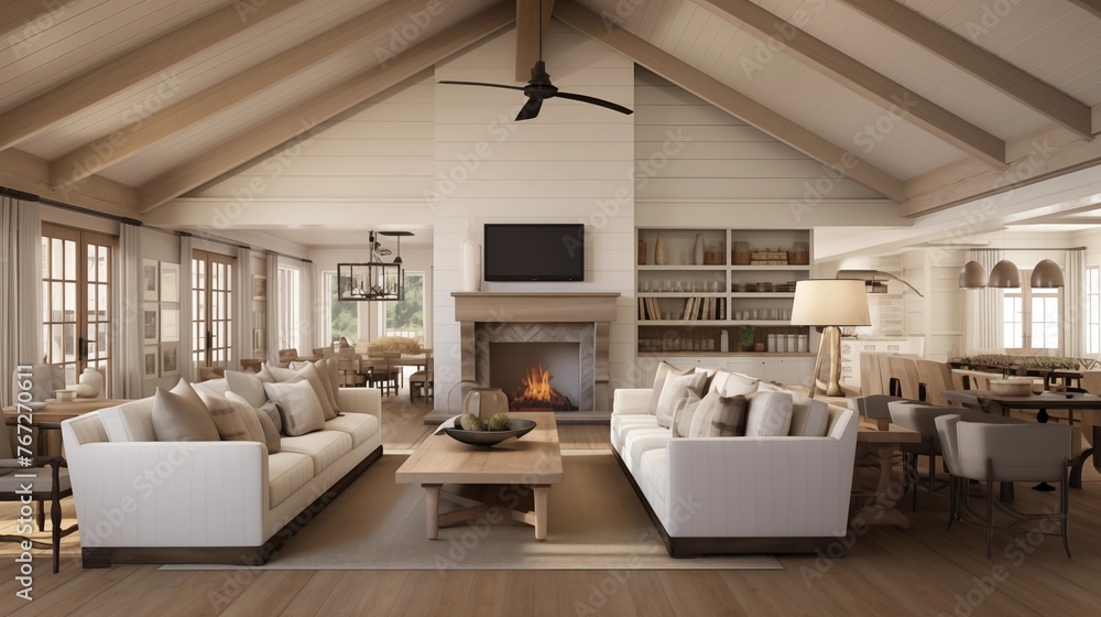 Rustic farmhouse chic great room with vaulted shiplap ceilings antique mantles and wide plank floors. Rustic farmhouse chic great room with vaulted shiplap ceilings antique mantles and wide plank floors.