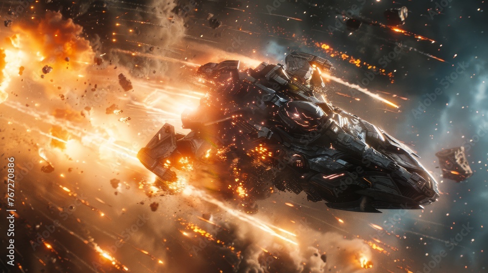 A heavily armored spacecraft is depicted in the midst of a fiery space battle, with explosions and debris around