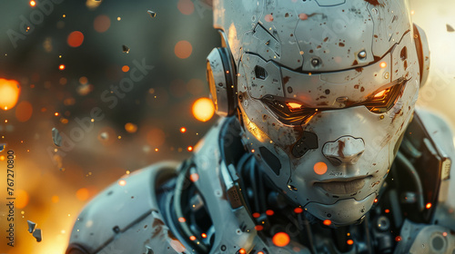 A highly detailed close up of a futuristic robot face showing wear and battle damage with glowing orange eyes. photo
