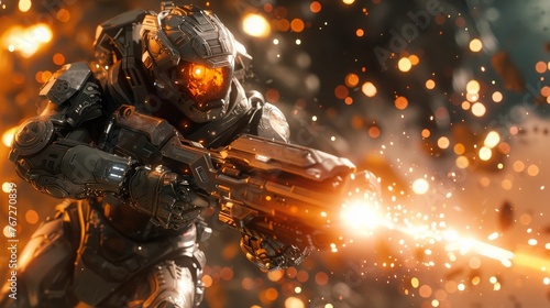 A futuristic combat robot with glowing elements fires its weapon, surrounded by intense sparks and debris.