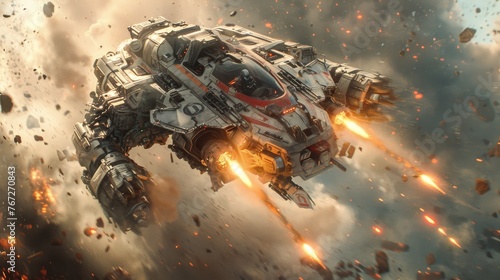 An armored mech suit with a pilot engages in an intense aerial battle, amidst explosive debris and fire.