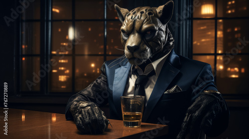 A man in a suit and tie is sitting at a bar with a glass of whiskey. He looks like a tiger and is wearing a tie