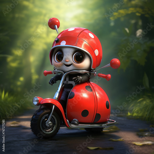 A cute ladybug riding a red scooter in the forest. photo