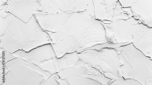 A white wall with cracks and splatters of paint. AI.