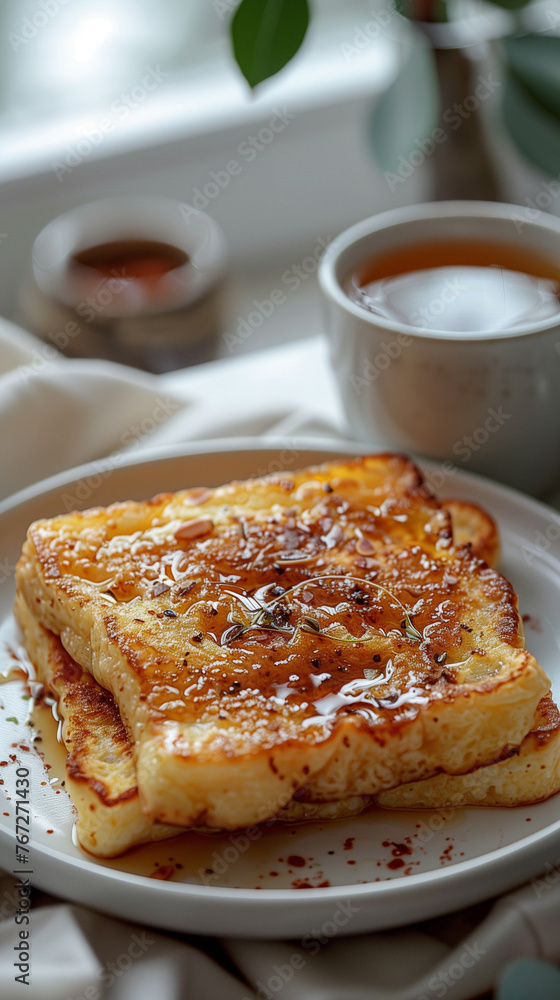 Keto French Toast with Vanilla and Syrup - Elegant Breakfast Setup Keto French Toast with Vanilla and Syrup - Elegant Breakfast Setup