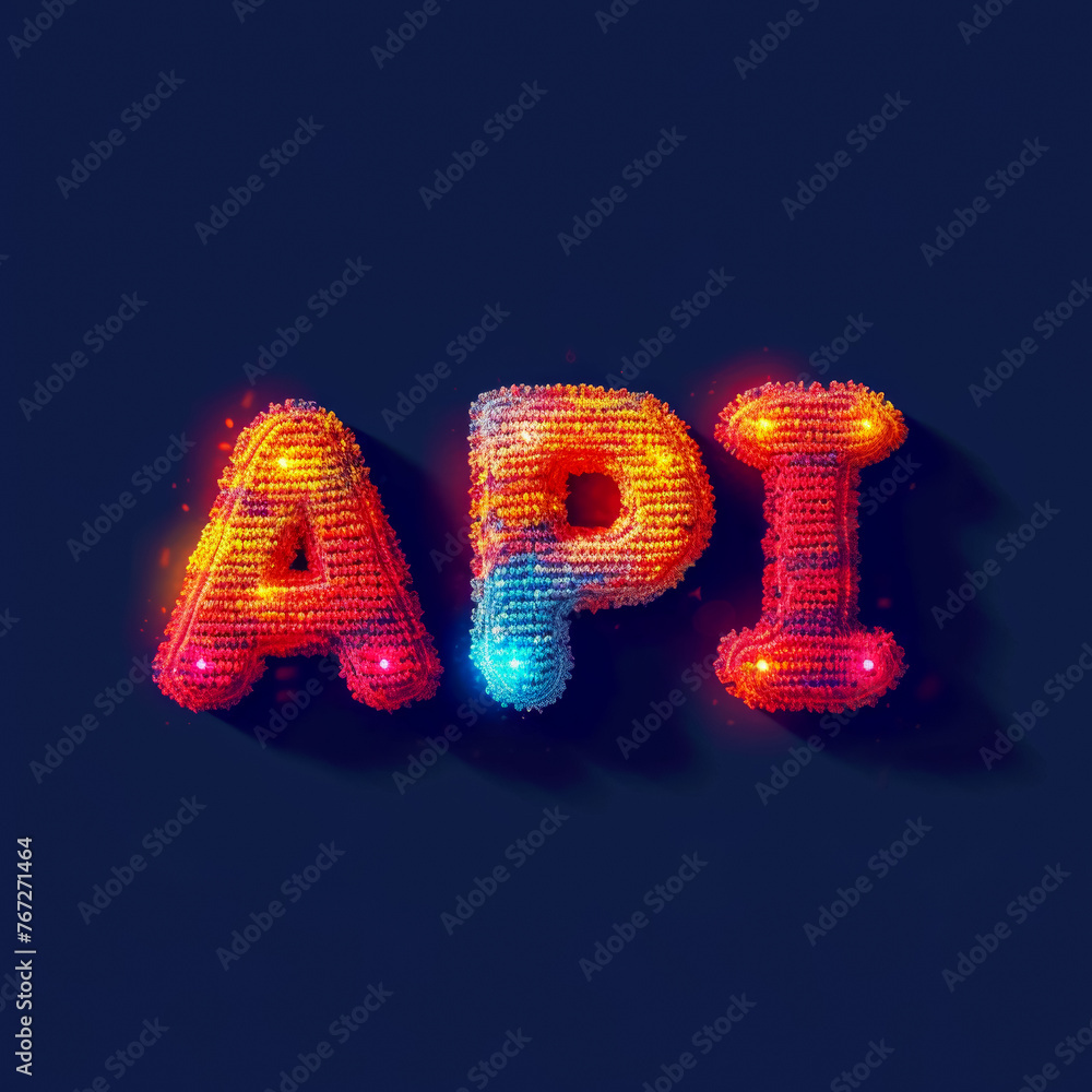 The image is a stylized representation of the word API, with each letter made out of different colored beads. The colors and shapes of the beads create a sense of movement and energy